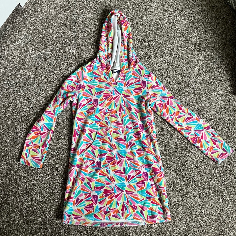 Lands' End Girls' Hooded Swim Coverup in Multicolor Petal Print